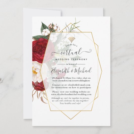 Bourgogne & White Floral Geometric Virtual Wedding Kaart (Voorkant)