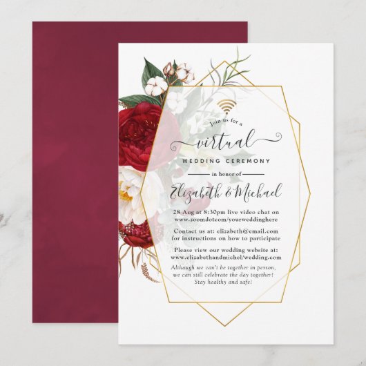 Bourgogne & White Floral Geometric Virtual Wedding Kaart (Voorkant / Achterkant)