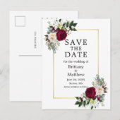 Bourgogne White Floral Gold Lijst Bewaar de datum Briefkaart (Voorkant / Achterkant)