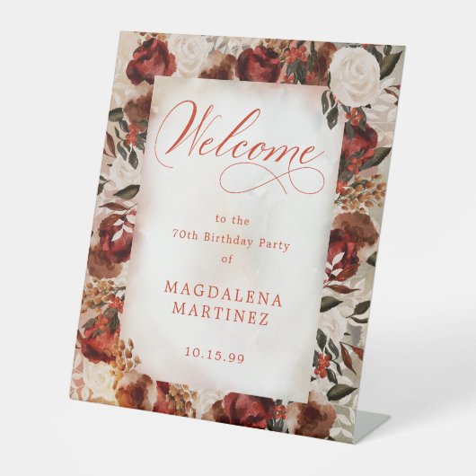 Bourgogne White Rose 70e verjaardag Welkom Reclamebord Met Voetstuk (Voorkant)