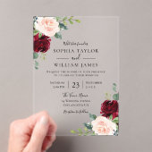 Bourgogne Wijn & Blush Bloemen Huwelijk Acryl Uitnodigingen (Insitu (Draagbaar))