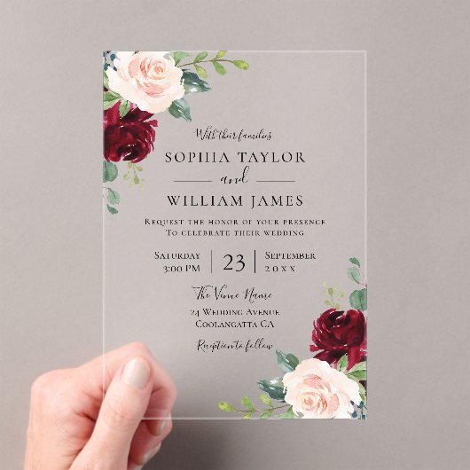 Bourgogne Wijn & Blush Bloemen Huwelijk Acryl Uitnodigingen (Insitu (Draagbaar))