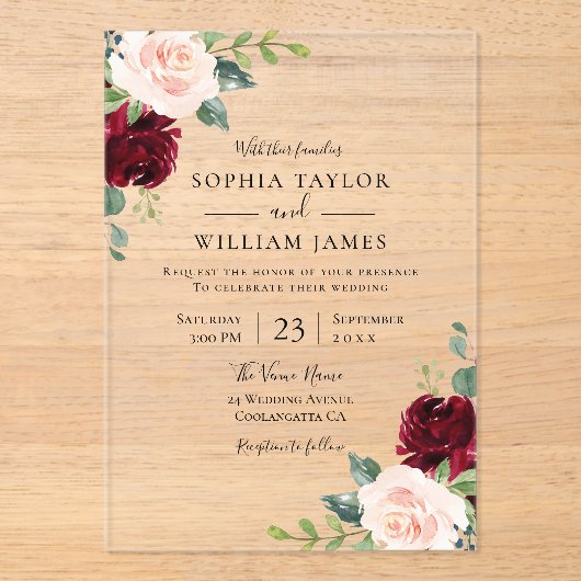 Bourgogne Wijn & Blush Bloemen Huwelijk Acryl Uitnodigingen (Voorkant)