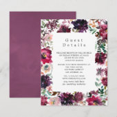 Bourgogne Wijn Boho Floral Bruiloft Gast Details Informatiekaartje (Voorkant / Achterkant)