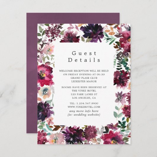 Bourgogne Wijn Boho Floral Bruiloft Gast Details Informatiekaartje (Voorkant / Achterkant)