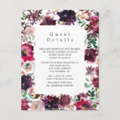 Bourgogne Wijn Boho Floral Bruiloft Gast Details Informatiekaartje (Voorkant)