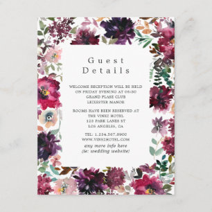 Bourgogne Wijn Boho Floral Bruiloft Gast Details Informatiekaartje