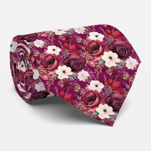 Bourgogne Wijn Boho Waterverf Bloemen Stropdas (Opgerold)