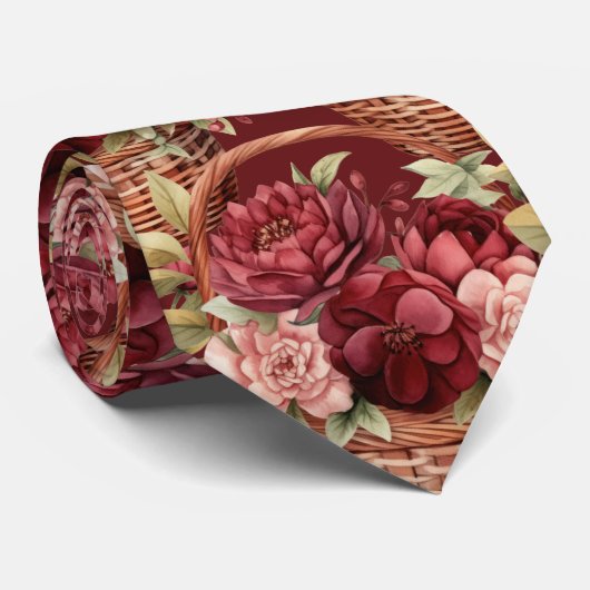 Bourgogne Wijn Boho Waterverf Bloemen Stropdas (Opgerold)