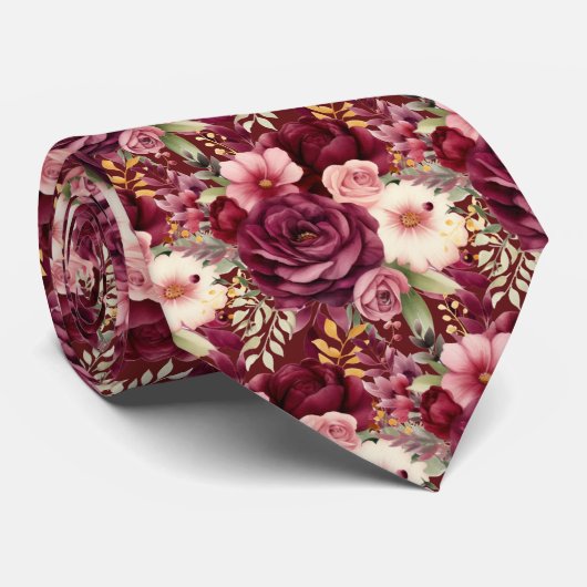 Bourgogne Wijn Boho Waterverf Bloemen Stropdas (Opgerold)