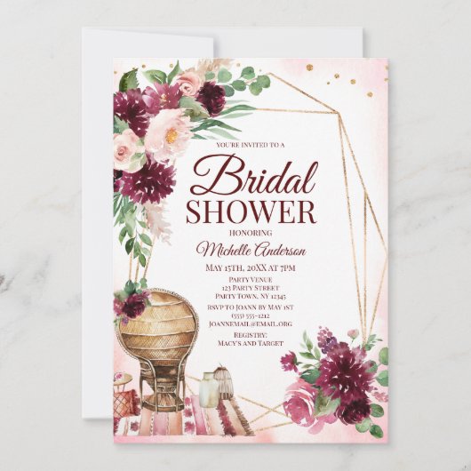 Bourgogne Wijn Boho Waterverf Floral Vrijgezellenf Kaart (Voorkant)