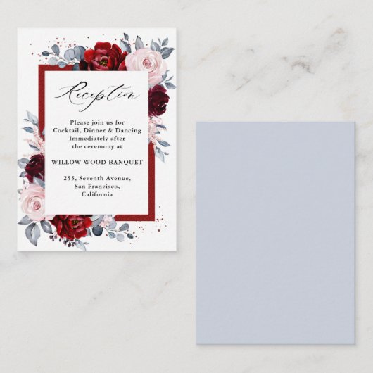 Bourgogne Wijn Dusty Blue Slate bruiloft receptie Informatiekaartje (Voorkant / Achterkant)