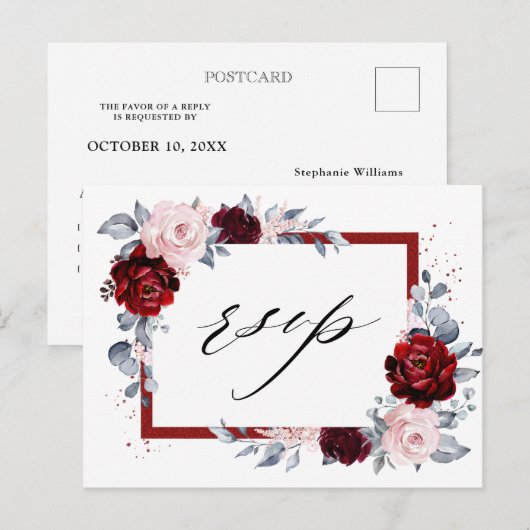 Bourgogne Wijn Dusty Blue Slate Floral Wedding RSV Briefkaart (Voorkant / Achterkant)