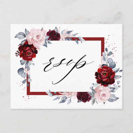 Bourgogne Wijn Dusty Blue Slate Floral Wedding RSV Briefkaart (Voorkant)