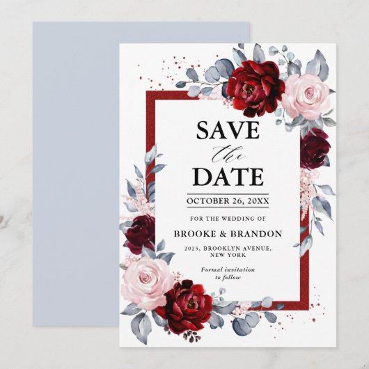 Bourgogne Wijn Dusty Blue Slate Save the Date (Voorkant / Achterkant)