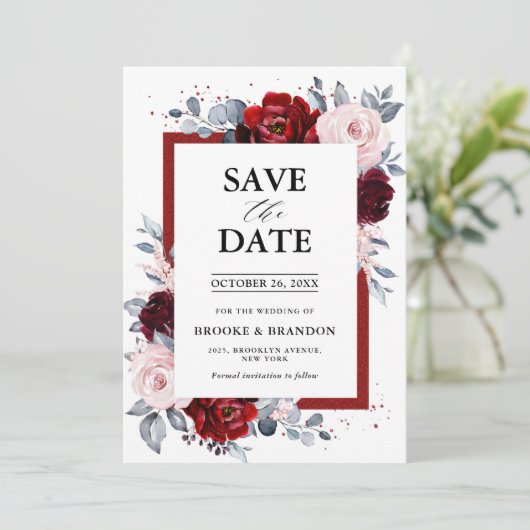 Bourgogne Wijn Dusty Blue Slate Save the Date (Staand voorkant)