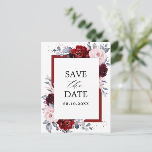 Bourgogne Wijn Dusty Blue Slate Save the Date Briefkaart (Staand voorkant)