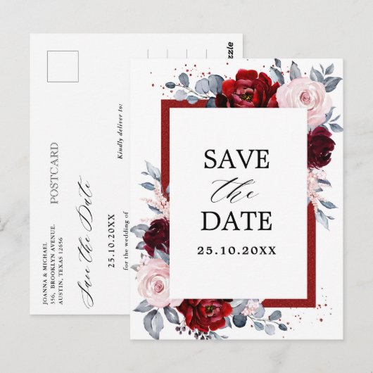Bourgogne Wijn Dusty Blue Slate Save the Date Briefkaart (Voorkant / Achterkant)