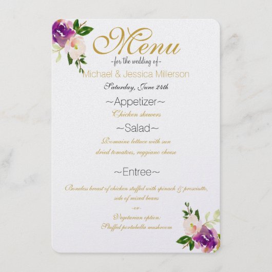 Bourgogne Wijn en Roze Waterverf Bloemen Menu (Voorkant)