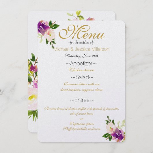 Bourgogne Wijn en Roze Waterverf Bloemen Menu (Voorkant / Achterkant)