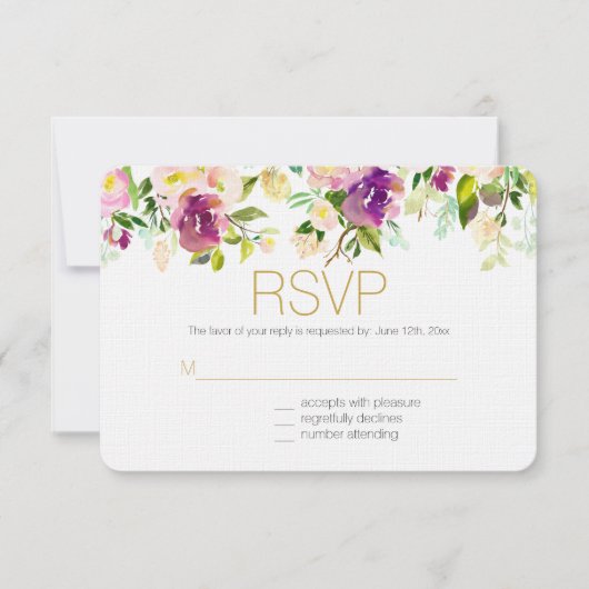 Bourgogne Wijn en Roze Waterverf Bloemen RSVP (Voorkant)