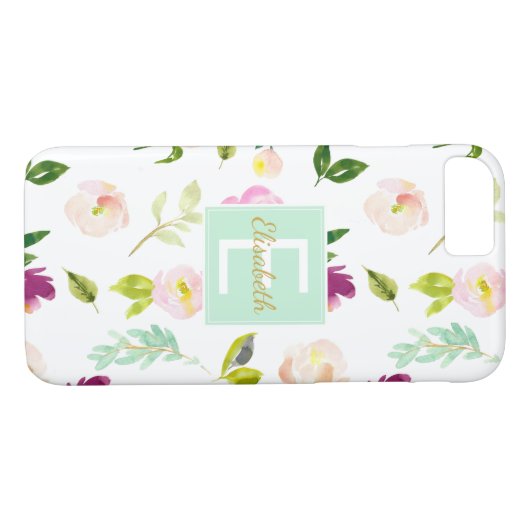 Bourgogne Wijn en Roze Waterverf Floral Monogram Case-Mate iPhone Case