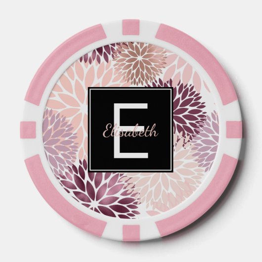 Bourgogne Wijn en Roze Waterverf Floral Monogram Poker Chips (Voorkant)