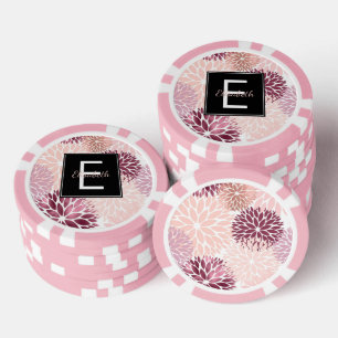 Bourgogne Wijn en Roze Waterverf Floral Monogram Poker Chips