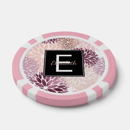 Bourgogne Wijn en Roze Waterverf Floral Monogram Poker Chips (Enkel)