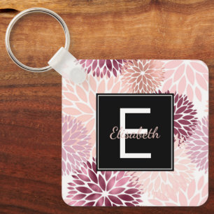 Bourgogne Wijn en Roze Waterverf Floral Monogram Sleutelhanger