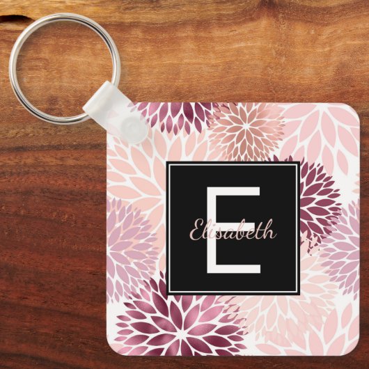 Bourgogne Wijn en Roze Waterverf Floral Monogram Sleutelhanger (Voorkant)