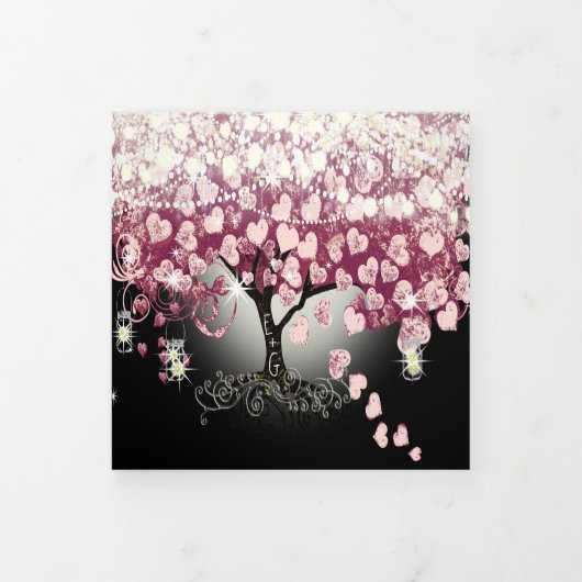 Bourgogne Wijn Rood & Roze Hart Bladboom Bruiloft Drieluik Uitnodiging (Cover)