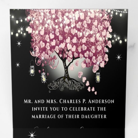 Bourgogne Wijn Rood & Roze Hart Bladboom Bruiloft Drieluik Uitnodiging (Binnenzijde eerst)