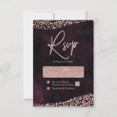 Bourgogne Wijn & Roos Goud Confetti Bruiloft RSVP (Voorkant)