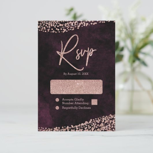 Bourgogne Wijn & Roos Goud Confetti Bruiloft RSVP (Staand voorkant)