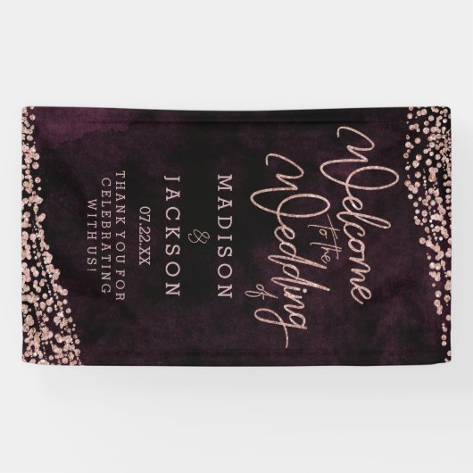 Bourgogne Wijn Roos Goud Confetti Bruiloft Welkom Spandoek (Horizontaal)