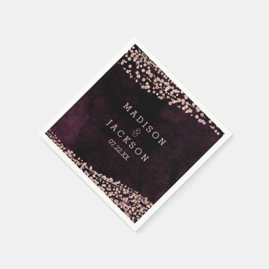 Bourgogne Wijn & Roos Goud Monogram Bruiloft Servetten (Hoek)