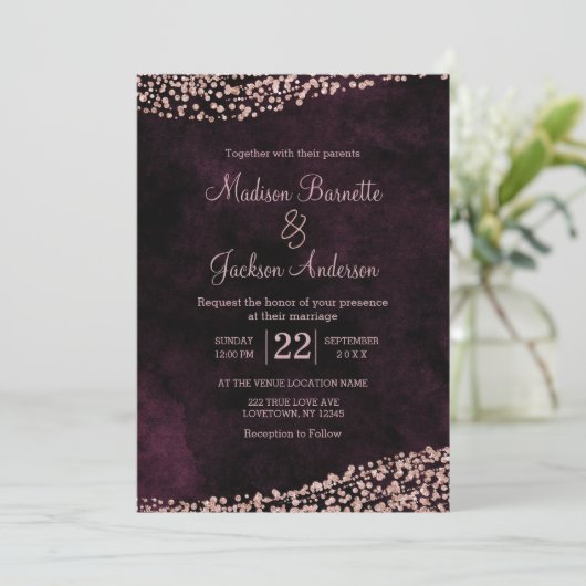 Bourgogne Wijn & Roos Gouden Bruiloft Uitnodiging (Staand voorkant)