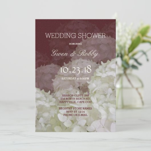 Bourgogne Wijn Witte Hydrangea Trouwdouche Kaart (Staand voorkant)