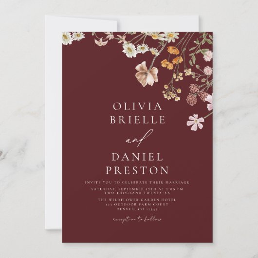 Bourgogne Wildflower All in One QR Code Huwelijk Kaart (Voorkant)