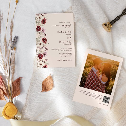 Bourgogne Wildflower Foto QR Code Bruiloft Kaart
