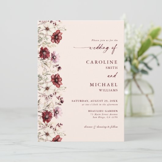 Bourgogne Wildflower QR Code Bruiloft Kaart (Staand voorkant)