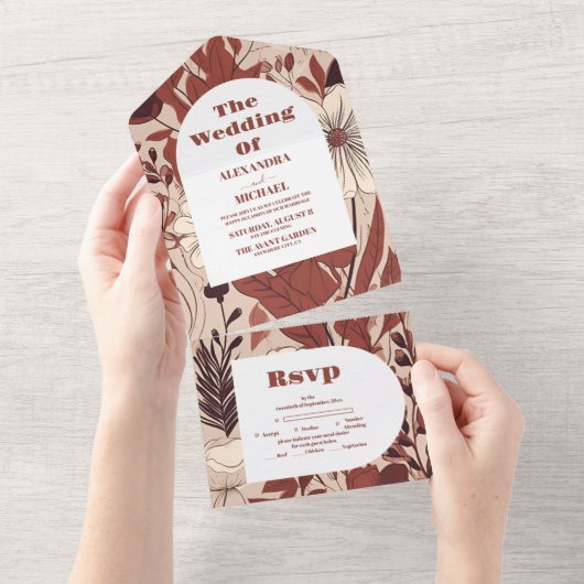 Bourgogne Wildflowers Bruiloft All In One Uitnodiging (Afscheurbaar)