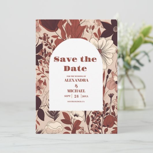 Bourgogne Wildflowers Bruiloft Save The Date (Staand voorkant)