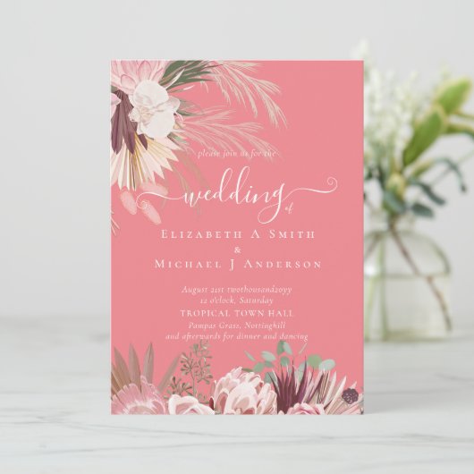 Bourgogne Wine Pampas Grass Tropical Weddenschap Kaart (Staand voorkant)