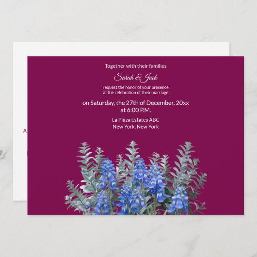 Bourgogne Winter Huwelijksuitnodiging met Bluebonn Kaart (Voorkant / Achterkant)