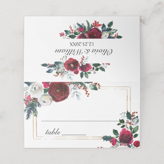 Bourgogne Winter Rozen Foliage Trouwtafel Plaatskaartje (Buitenkant ongevouwen)