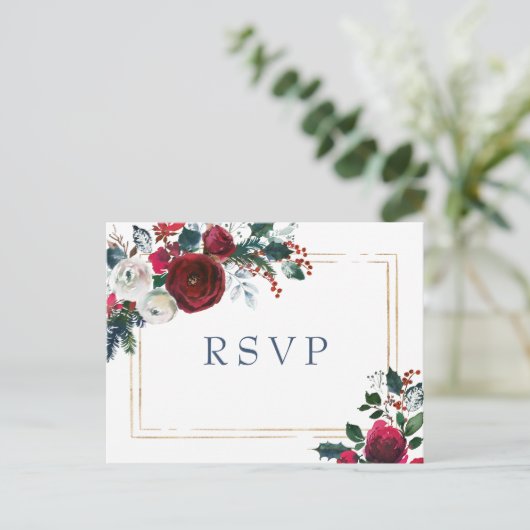 Bourgogne Winter Rozen Groen Bruiloft RSVP Briefkaart (Staand voorkant)