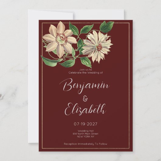 Bourgogne wit groen bloemen botanisch bruiloft kaart (Voorkant)