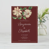 Bourgogne wit groen bloemen botanisch bruiloft kaart (Staand voorkant)